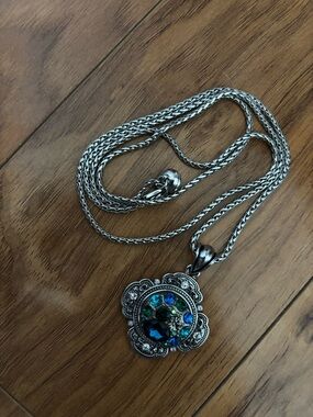 Silver-Tone Floral Pendant Necklace with Blue-Green Crystals